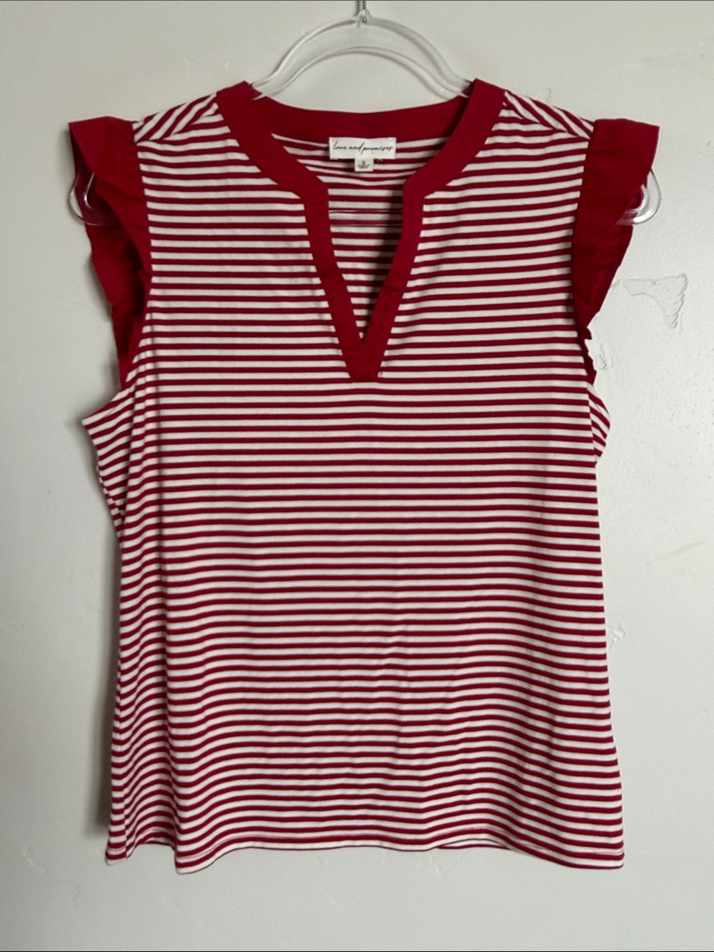 love & promises Red & White Striped V-Notch Flutter Top